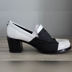 Calvin Klein Black & White Two-Tone Pamelyn Patent Leather Mid Heel Loafers